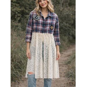 FP’s TRICIA FIX EXCLUSIVE REPURPOSED VINTAGE PLAID DUSTER/LONG SHIRT W/LACE